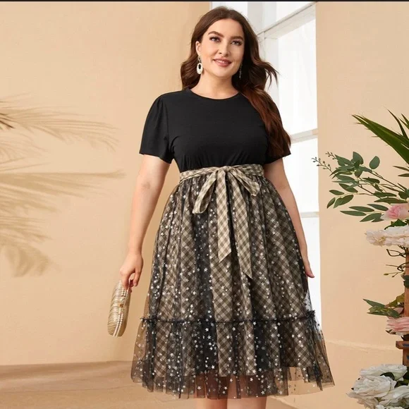 SHEIN plus self belted star mesh overlay plaid dress